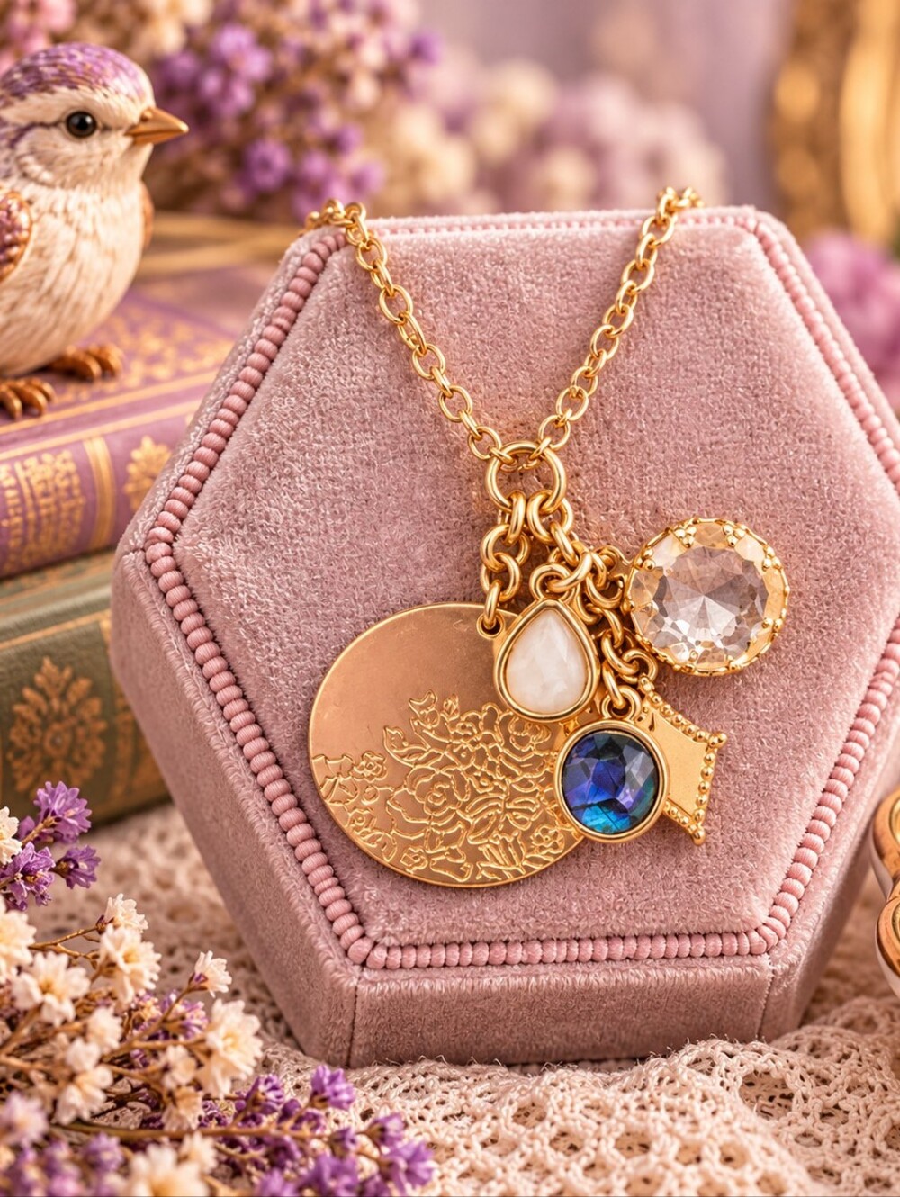 ✨️Gold Multi-Charm Pendant Necklace with Blue and Pearl Accents✨️